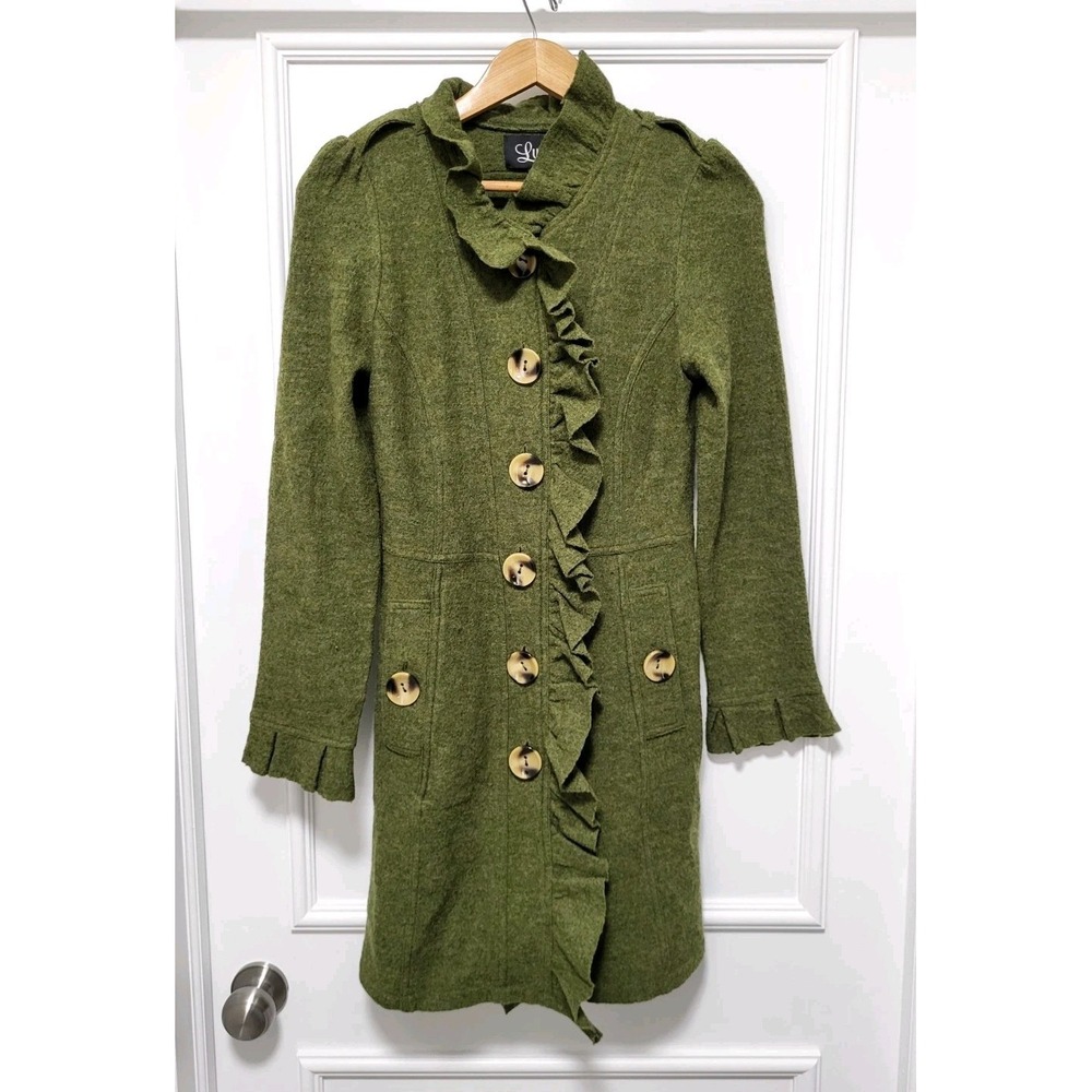 Anthropologie Luii Olive Green Wool Ruffle Whimsigoth Boho Long Jacket S